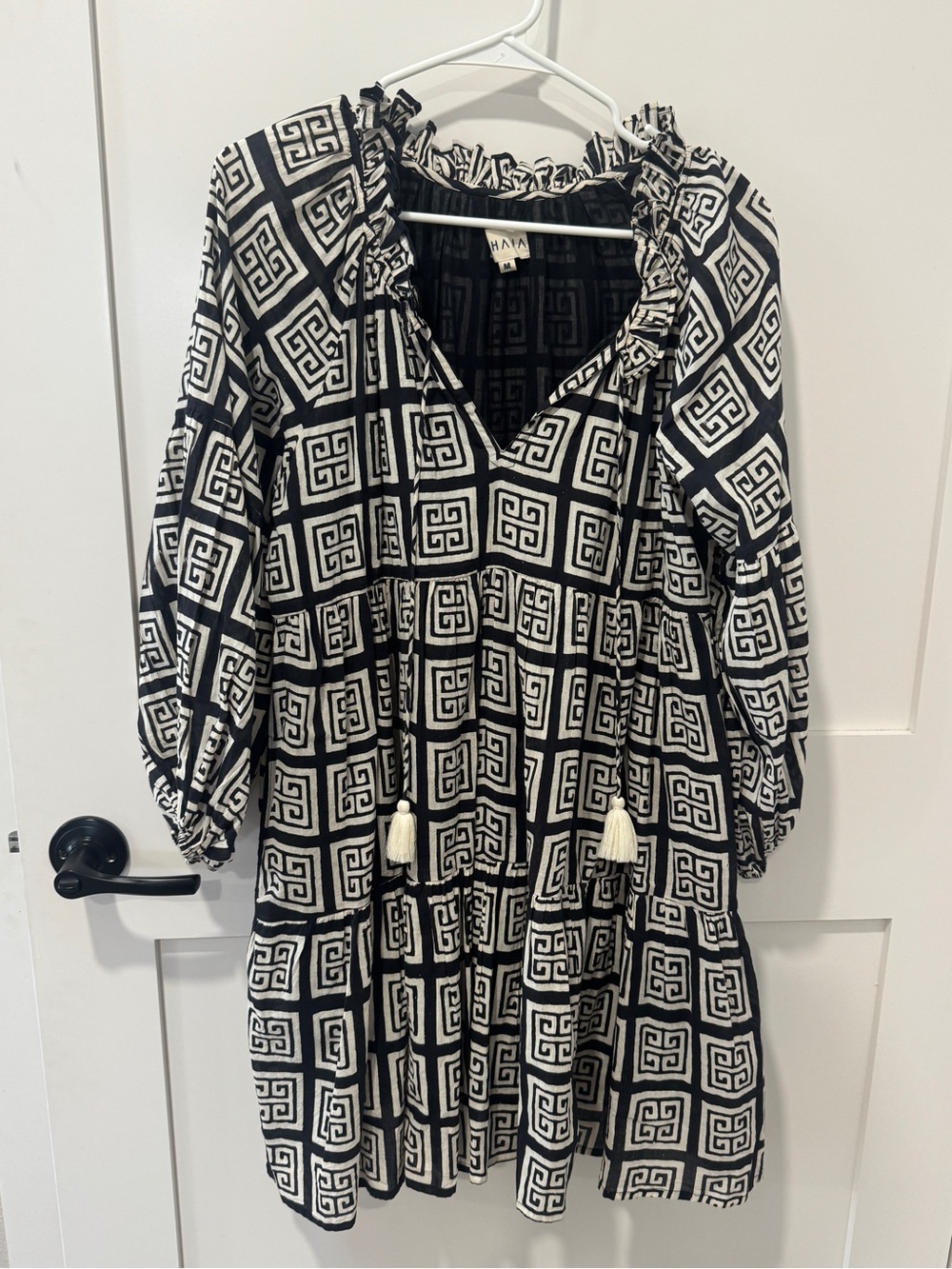 Black & White Geo Print Peasant Dress